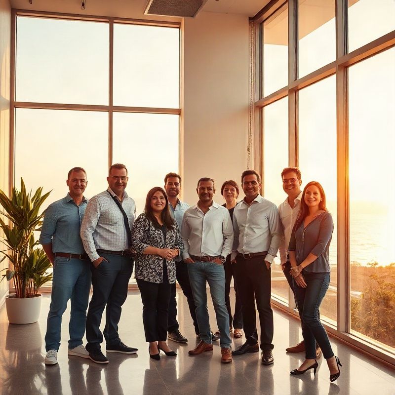 Retrato da equipe da Literaturecompassx em escritório com vista para o mar