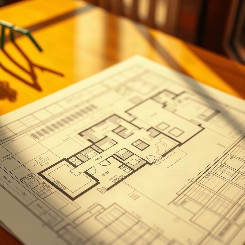 Planta arquitetônica detalhada sobre mesa em tom âmbar